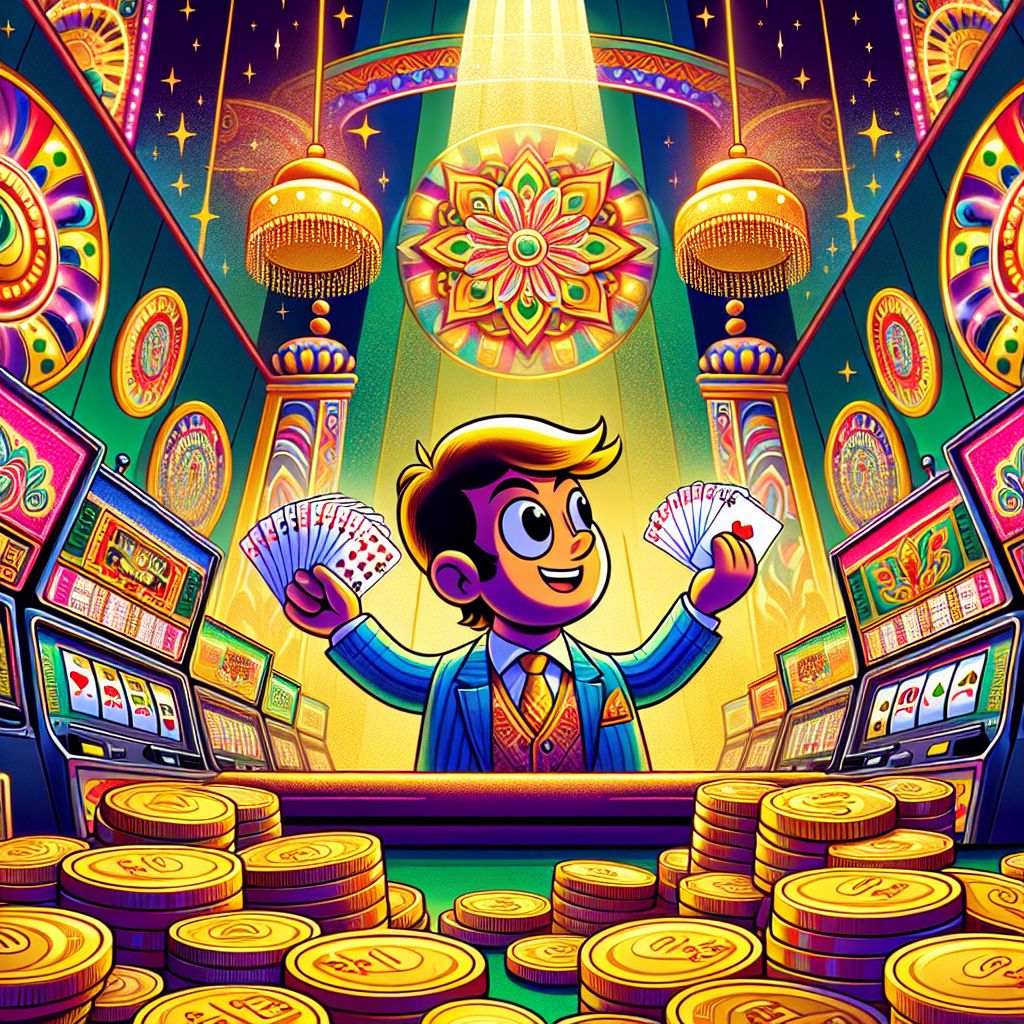 BD111 Casino কার্টুন চরিত্র যা প্লেয়িং কার্ড এবং ক্যাসিনো চিপস ধরে আছে