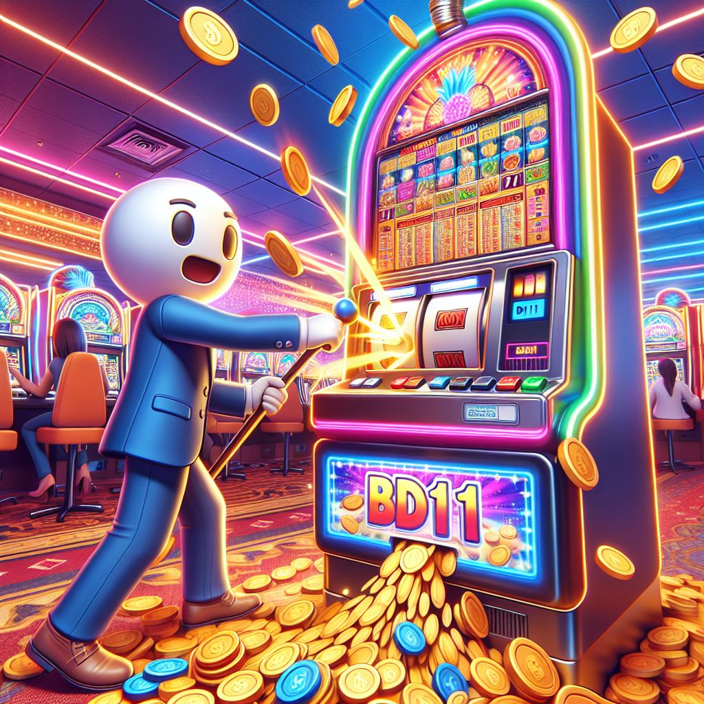 Cartoon character hitting a jackpot on BD111 slots